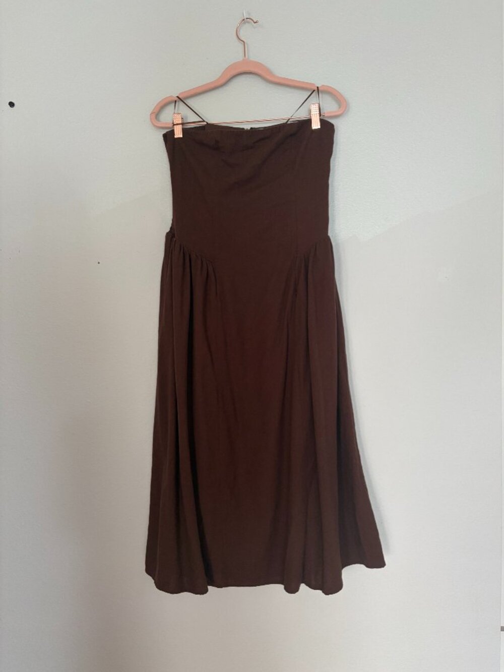 WAYF | Brown Linen Blend Strapless Smocked Midi Dress Large